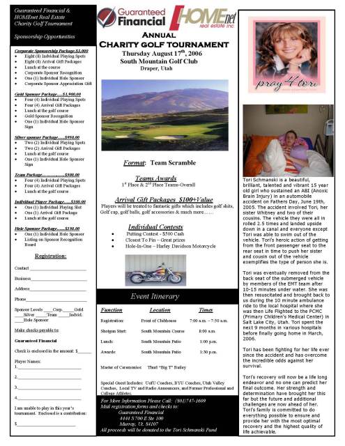 Flyer for Charity Golf Tournament for Tori